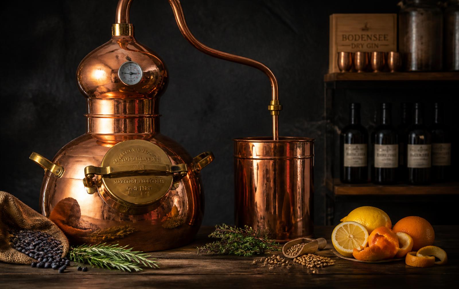 Copper still with botanicals in a German distillery