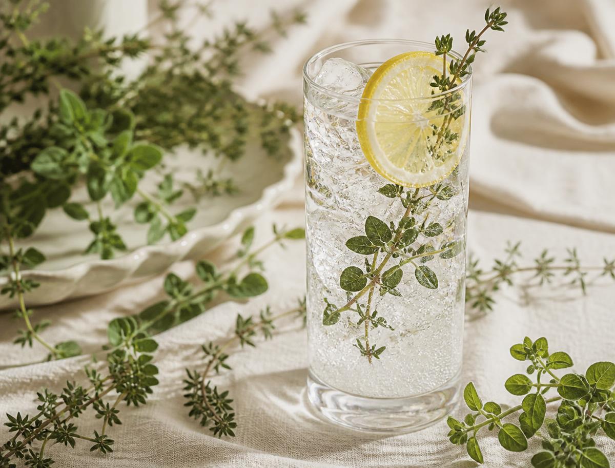 Coastal Gin and Tonic in a highball glass with thyme, oregano and lemon