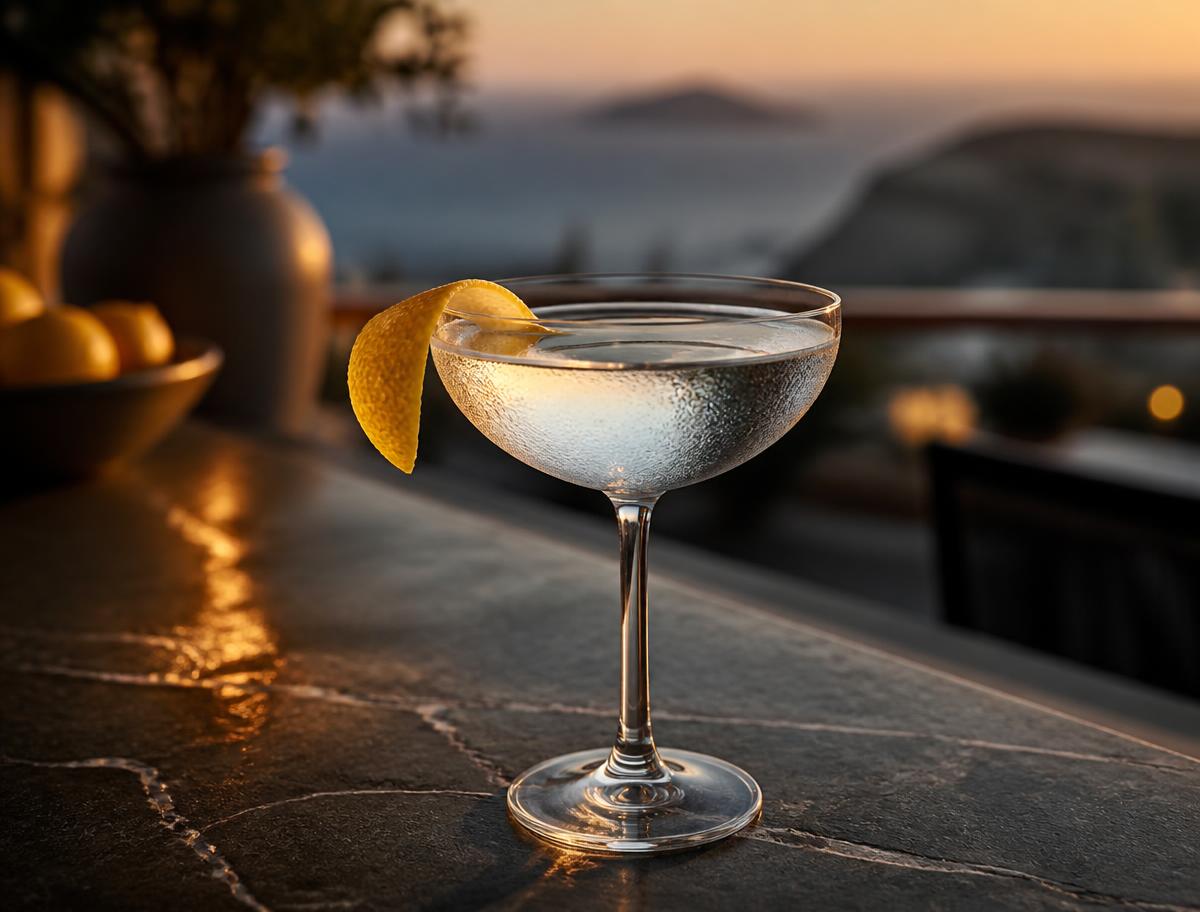 Mallorca Martini in a chilled coupe glass with a lemon twist at sunset