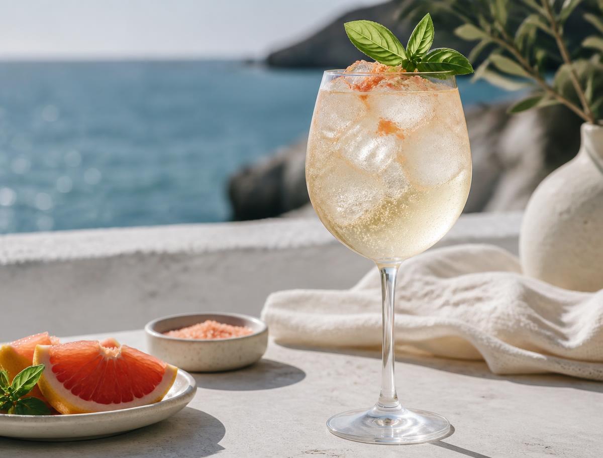 Sea Side Spritz in a wine glass with grapefruit and basil by the sea