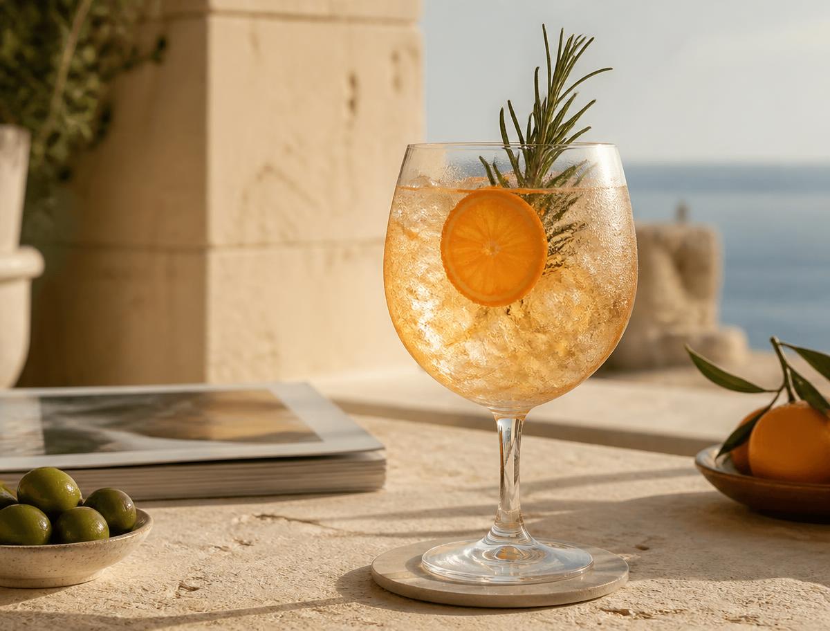 Tangora Tonic served in a balloon glass with mandarine slice and rosemary