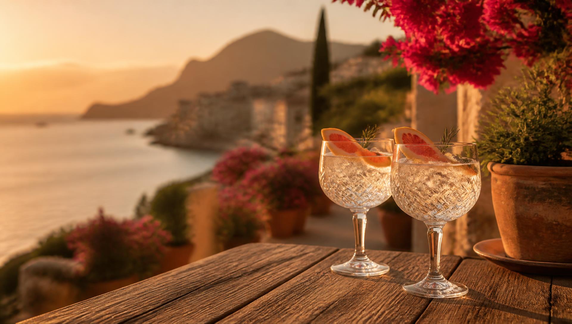 Mediterranean terrace with gin glasses at sunset